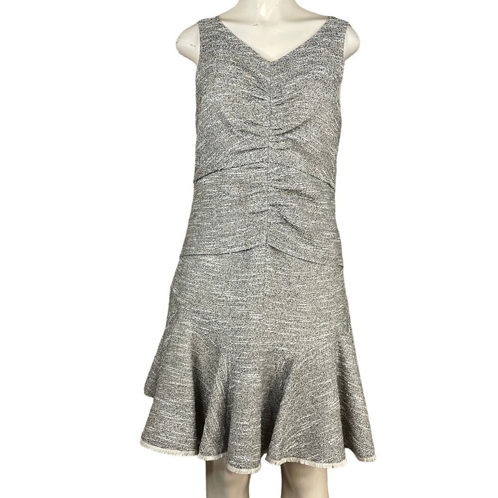 Halston Tweed Sleeveless Dress Ruched Flounce Hem Size 12 14